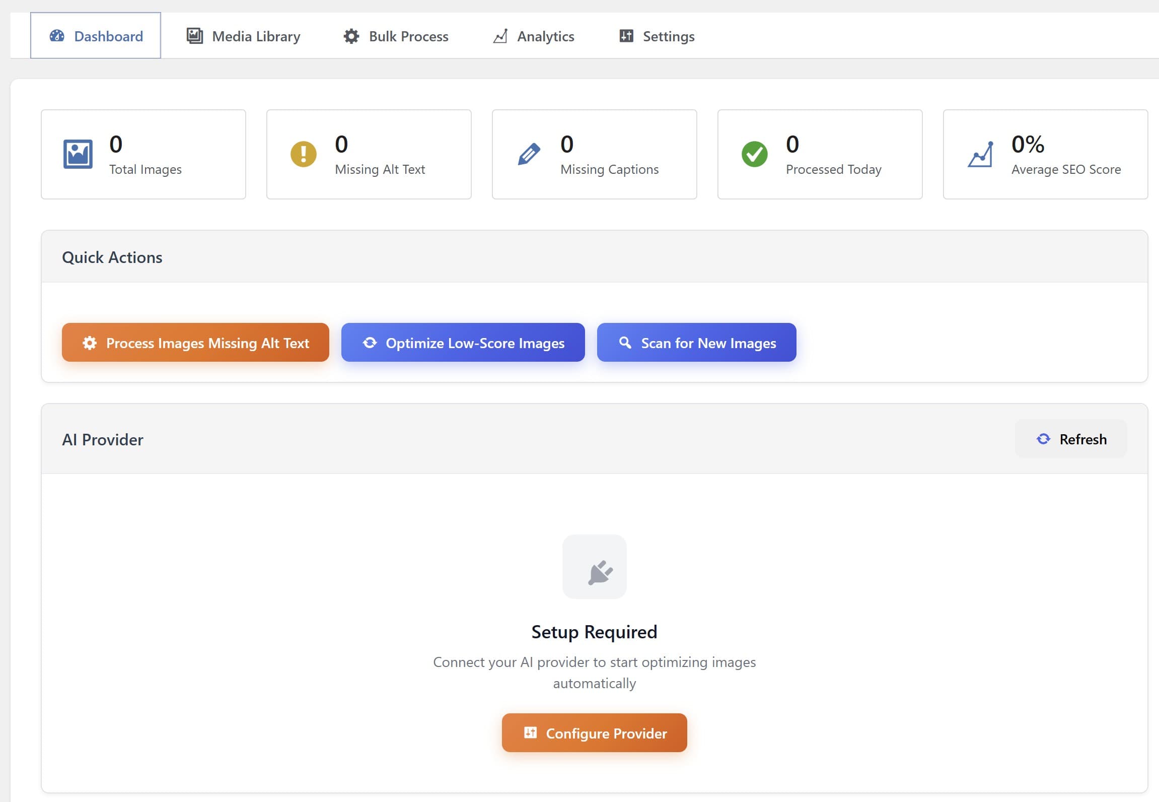 AI Image SEO Interface showing Dashboard, Media Library, Bulk Process, Analytics, and Settings tabs