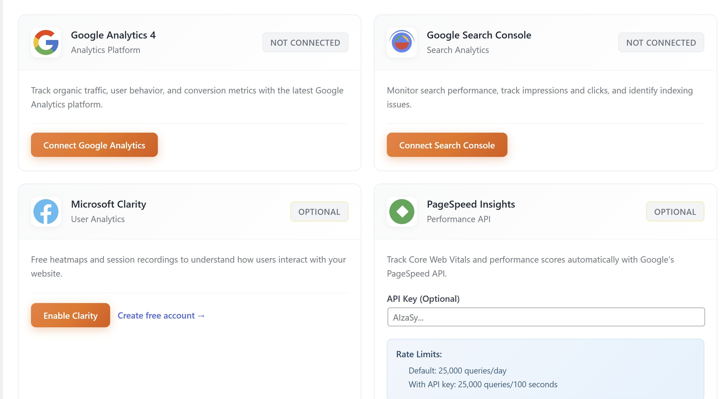 ProRank SEO Analytics Integrations Dashboard